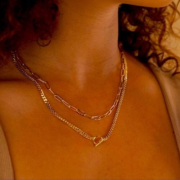 14k Rose Gold Plated Layered Chain Necklace Curb Chain Paperclip Chain - Picture 5 of 9